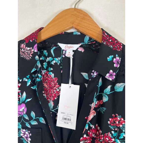 NWT Candies Women's Size M Black Floral Blouse Tab Sleeves Lace Shoulder Insert - Picture 7 of 11